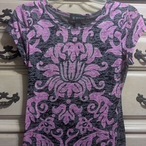 INC International Concepts Pink and Gray Decorative Scoop-Neck Short Sleeve Top